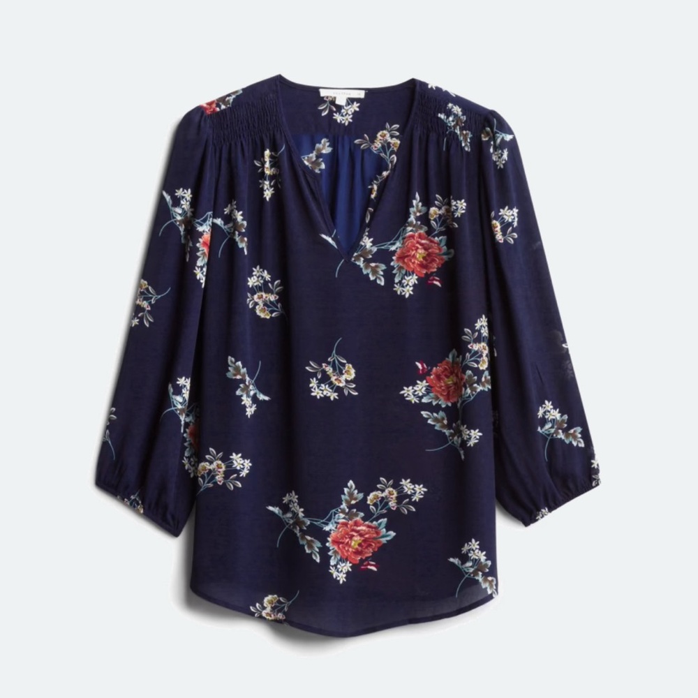 Floral Navy V-Neck Blouse, 3X